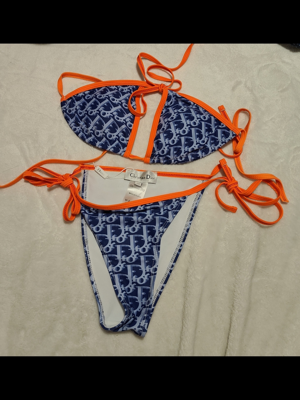 Dior Blue Logo Print Bikini with Neon Orange Trim